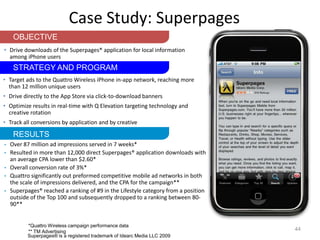 Case Study: Superpages44OBJECTIVEDrive downloads of the Superpages® application for local information among iPhone users STRATEGY AND PROGRAMTarget ads to the Quattro Wireless iPhone in-app network, reaching more than 12 million unique users