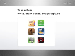 Take notes:
write, draw, speak, image capture
 
