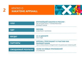 2

КРАТКО О
ХАКАТОНЕ APPS4ALL

ЧТО?

КРУПНЕЙШИЙ ХАКАТОН В РОССИИ –
300 ЛУЧШИХ КРОСС-ПЛАТФОРМЕННЫХ
РАЗРАБОТЧИКОВ!

ГДЕ?

МОСКВА

КОГДА?

13-14 ДЕКАБРЯ

ПАРТНЕРЫ

APPS4ALL ПРИГЛАШАЕТ К УЧАСТИЮ КАК
РАЗРАБОТЧИКОВ,

КОВОРКИНГ НАГАТИНО

2013 ГОДА

ТАК И СПОНСОРОВ И УЧРЕДИТЕЛЕЙ СПЕЦИАЛЬНЫХ НОМИНАЦИЙ!

ОЖИДАЕМЫЙ РЕЗУЛЬТАТ

БОЛЕЕ 50 НОВЫХ ПРИЛОЖЕНИЙ
И СЕРВИСОВ!

 