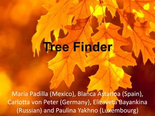 Tree Finder
Maria Padilla (Mexico), Blanca Astarloa (Spain),
Carlotta von Peter (Germany), Elizaveta Bayankina
(Russian) and Paulina Yakhno (Luxembourg)
 