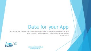 Data for your App
Accessing the patient data you need to provide a compelling healthcare app
Ken Stevens, VP Healthcare, Intelliware Development
20 Apr 2017
www.appsforhealth.ca
#appsforhealth
 