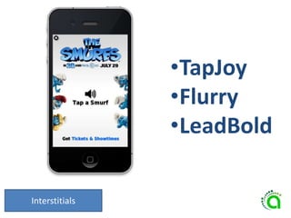 Interstitials
•TapJoy
•Flurry
•LeadBold
 