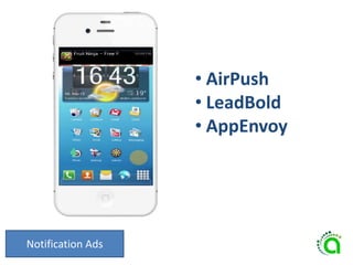 Notification Ads
• AirPush
• LeadBold
• AppEnvoy
 