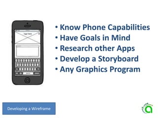 Developing a Wireframe
• Know Phone Capabilities
• Have Goals in Mind
• Research other Apps
• Develop a Storyboard
• Any Graphics Program
 