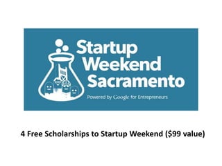 4 Free Scholarships to Startup Weekend ($99 value)
 