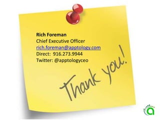 Rich Foreman
Chief Executive Officer
rich.foreman@apptology.com
Direct: 916.273.9944
Twitter: @apptologyceo
 