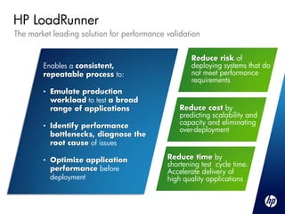HP LoadRunner
The market leading solution for performance validation


                                                    Reduce risk of
        Enables a consistent,                       deploying systems that do
        repeatable process to:                      not meet performance
                                                    requirements
        • Emulate production
          workload to test a broad
          range of applications                 Reduce cost by
                                                predicting scalability and
        • Identify performance                  capacity and eliminating
                                                over-deployment
          bottlenecks, diagnose the
          root cause of issues

        • Optimize application              Reduce time by
                                            shortening test cycle time.
          performance before                Accelerate delivery of
          deployment                        high quality applications
 