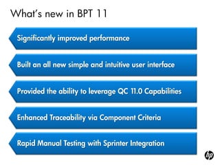 What‟s new in BPT 11

 Significantly improved performance


 Built an all new simple and intuitive user interface


 Provided the ability to leverage QC 1 Capabilities
                                      1.0


 Enhanced Traceability via Component Criteria


 Rapid Manual Testing with Sprinter Integration
 