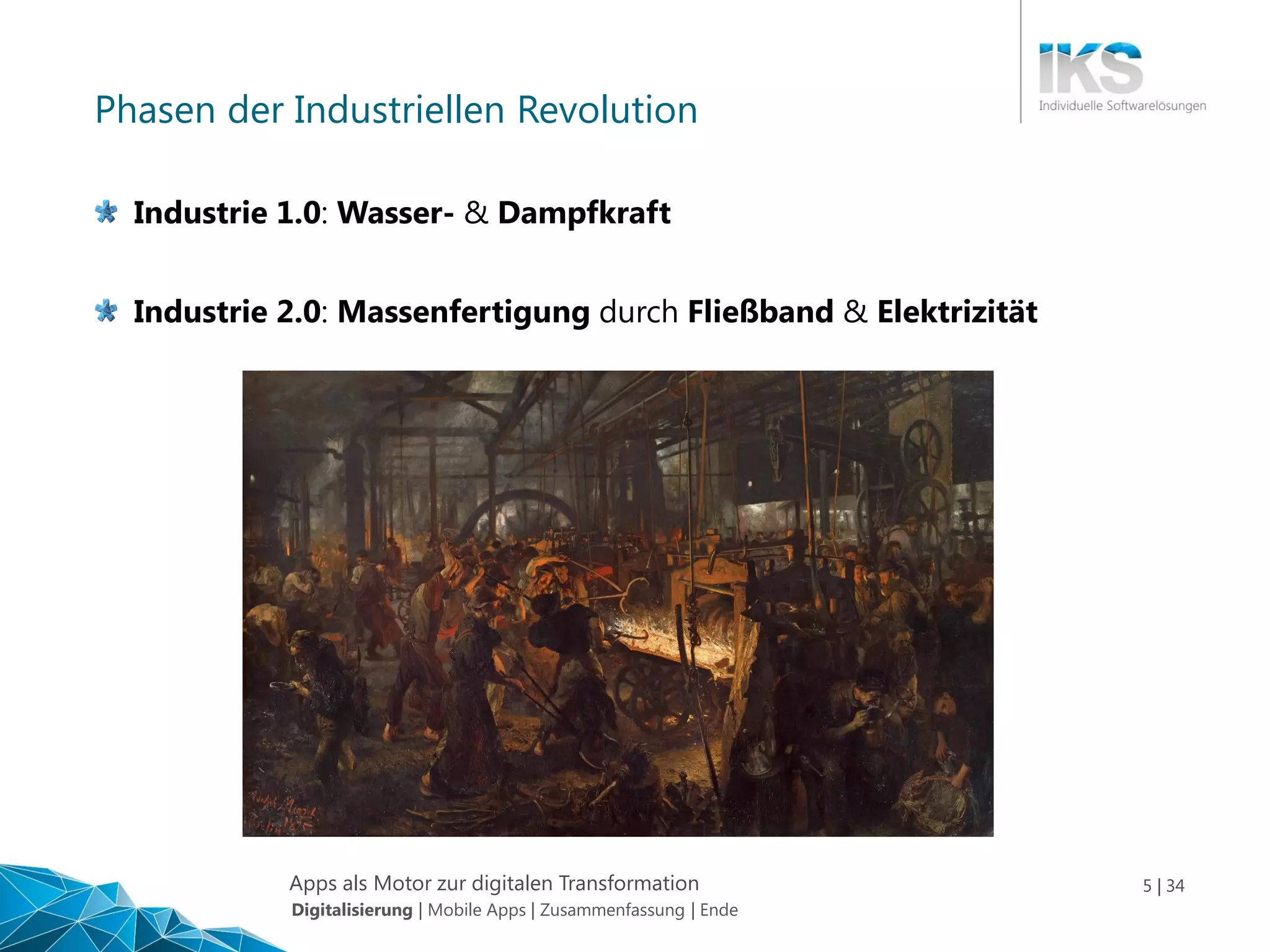 Apps als Motor zur digitalen Transformation 5 | 34
Phasen der Industriellen Revolution
Industrie 1.0: Wasser- & Dampfkraft
Industrie 2.0: Massenfertigung durch Fließband & Elektrizität
Digitalisierung | Mobile Apps | Zusammenfassung | Ende
 