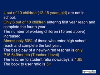 4 out of 10 children (12-15 years old) are not in
school.
Only 6 out of 10 children entering first year reach and
complete...