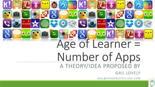 Age of Learner =
Number of Apps
A THEORY/IDEA PROPOSED BY
GAIL LOVELY
GAIL@SUDDENLYITCLICKS.COM
 