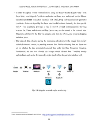 Master’s Thesis, Institute for Information Law, University of Amsterdam, Emre Yildirim


       • In order to capture secure communications using the Secure Socket Layer (‘SSL’) with
         Burp Suite, a self-signed Certificate Authority certificate was authorized on the iPhone.
         Each time an HTTPS connection was made with a host, Burp Suite automatically generated
         certificates that were signed by the above mentioned Certificate Authority, for that specific
         host.98 This essentially provides a way to inspect secured communications traveling
         between the iPhone and the external host, before they are forwarded to the external host.
         The proxy acted as if it the data was directly send from the iPhone, and no eavesdropping
         had taken place.
       • The types of data collected during the monitoring of network traffic ranged from merely
         technical data and content, to possibly personal data. While collecting data, no focus was
         set on whether the data constituted personal data under the Data Protection Directive.
         Furthermore, no data was filtered out except content related data. Therefore merely
         technical data such as the device model, or the locale of the device is included as well.




                                  Fig. 2.5 Setup for network traffic monitoring




98   For more information about this process see <http://portswigger.net/burp/help/servercerts.html>.

                                                           31
 
