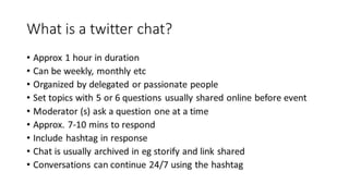 #tags on twitter – great for connecting people
with similar interests
• #edchat
• #vicpln
• #globaled
• #globalclassroom
• #ozseries
• #elemchat
• #innovatehere
See Cyraryman’s hashtags for educators
 