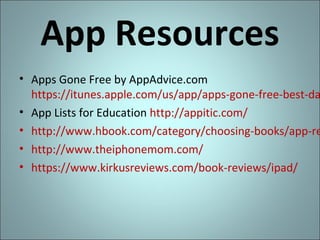 App Resources

• Apps Gone Free by AppAdvice.com
https://itunes.apple.com/us/app/apps-gone-free-best-da
• App Lists for Education http://appitic.com/
• http://www.hbook.com/category/choosing-books/app-re
• http://www.theiphonemom.com/
• https://www.kirkusreviews.com/book-reviews/ipad/

 