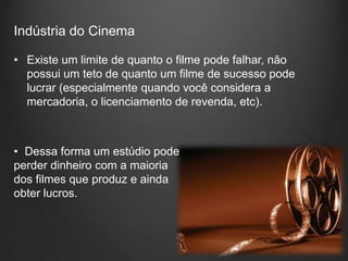 Indústria do Cinema

• Existe um limite de quanto o filme pode falhar, não
  possui um teto de quanto um filme de sucesso pode
  lucrar (especialmente quando você considera a
  mercadoria, o licenciamento de revenda, etc).



• Dessa forma um estúdio pode
perder dinheiro com a maioria
dos filmes que produz e ainda
obter lucros.
 