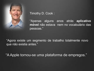 Timothy D. Cook :

               “Apenas alguns anos atrás aplicativo
               móvel não estava nem no vocabulário das
               pessoas.”


“Agora existe um segmento de trabalho totalmente novo
que não existia antes.”


“A Apple tornou-se uma plataforma de empregos.”
 