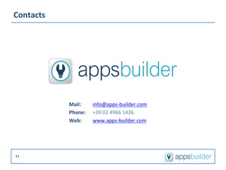 Contacts	
  




               Mail:	
      	
  info@apps-­‐builder.com	
  
               Phone:	
   	
  +39	
  02	
  4966	
  1426	
  
               Web:	
  	
   	
  www.apps-­‐builder.com	
  




11
 