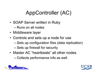 AppController (AC)
•  SOAP Server written in Ruby
  –  Runs on all nodes
•  Middleware layer
•  Controls and sets up a node for use
  –  Sets up configuration files (data replication)
  –  Sets up firewall for security
•  Master AC “heartbeats” all other nodes
  –  Collects performance info as well
 
