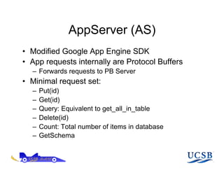 AppServer (AS)
•  Modified Google App Engine SDK
•  App requests internally are Protocol Buffers
  –  Forwards requests to PB Server
•  Minimal request set:
  –  Put(id)
  –  Get(id)
  –  Query: Equivalent to get_all_in_table
  –  Delete(id)
  –  Count: Total number of items in database
  –  GetSchema
 