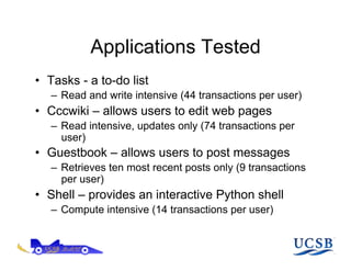 Applications Tested
•  Tasks - a to-do list
   –  Read and write intensive (44 transactions per user)
•  Cccwiki – allows users to edit web pages
   –  Read intensive, updates only (74 transactions per
      user)
•  Guestbook – allows users to post messages
   –  Retrieves ten most recent posts only (9 transactions
      per user)
•  Shell – provides an interactive Python shell
   –  Compute intensive (14 transactions per user)
 