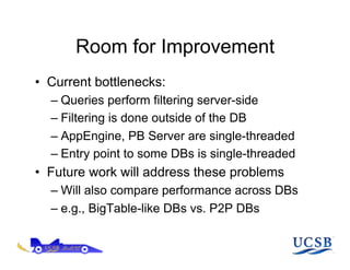 Room for Improvement
•  Current bottlenecks:
  –  Queries perform filtering server-side
  –  Filtering is done outside of the DB
  –  AppEngine, PB Server are single-threaded
  –  Entry point to some DBs is single-threaded
•  Future work will address these problems
  –  Will also compare performance across DBs
  –  e.g., BigTable-like DBs vs. P2P DBs
 