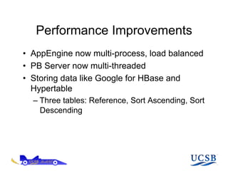 Performance Improvements
•  AppEngine now multi-process, load balanced
•  PB Server now multi-threaded
•  Storing data like Google for HBase and
   Hypertable
  –  Three tables: Reference, Sort Ascending, Sort
     Descending
 
