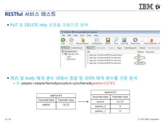© 2017 IBM Corporation21 / 36
RESTful 서비스 테스트
 PUT 및 DELETE http 요청을 자동으로 탐색
 쿼리 및 body 매개 변수 내에서 중첩 된 JSON 매개 변수를 구문 분석
– 예: adapter=adapterName&procedure=procName&params=[”a”,”b”]
 