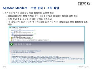 © 2017 IBM Corporation29 / 36
AppScan Standard - 스캔 분석 > 조치 작업
 스캔에서 발견된 문제들을 위해 디자인된 솔루션 제공
– 애플리케이션이 현재 가지고 있는 문제를 어떻게 해결해야 할지에 대한 정보
– 조치 작업 별로 적용할 수 있는 문제들 리스트업
– (비 개발자인) 보안 담당자 입장에서 (비 보안 전문가인) 개발자들과 보다 정확하게 소통
가능
 
