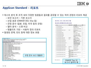© 2017 IBM Corporation31 / 36
AppScan Standard - 리포트
 테스트 분석 후 조직 내의 다양한 팀원들과 결과를 공유할 수 있는 여러 관점의 리포트 제공
– 보안 보고서 – 기본 보고서
– 산업 표준 (OWASP, ISO, Visa 등)
– 규정 준수 (일본, 유럽, 미국 등의 규정)
– 델타 분석 – 스캔 비교
– 템플리트 기반 – 사용자 정의 리포트
 발생된 문제, 빈도 등에 대한 정보 포함
OWASP Top 10
보고서 일부의 예
규정 준수 보고 템플릿
 