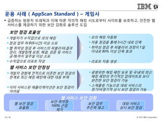 © 2017 IBM Corporation33 / 36
웹 서비스 보안 강화
운용 사례 ( AppScan Standard ) – 게임사
 급증하는 방문자 트래픽과 이에 따른 악의적 해킹 시도로부터 사이트를 보호하고, 안전한 웹
서비스를 제공하기 위한 보안 강화로 솔루션 도입
 개발자가 수작업으로 모의 해킹
 점검 업무 하루(8시간) 이상 소요
 웹 취약성 점검 후 서비스의 퍼블리쉬(결과
정리, 개발팀에 요청, 해결, 검증 및 서비스
공개)까지 일주일 이상 소요
 수작업으로 리포트 작성
 모의 해킹 자동화
 자동 점검을 통해 3시간 내로 단축
 취약성 점검 후 퍼블리쉬 과정이 1일
이내로 80% 이상 단축 효과
 리포트 자동 생성
보안 점검 효율성
 개발자 경험에 전적으로 의존한 보안 점검의
한계로 최신 해킹 패턴에 대한 대응 부재
 이미 서비스된 애플리케이션은 보안 점검이
어려움
 광범위한 해킹 패턴 보유 및 국내/외 최신
해킹 패턴의 주기적인 업데이트로 보다
완전한 보안 점검이 가능
 스케줄링 기능으로 대외 서비스의
정기/비정기적 상시 보안 점검이 가능
웹 서비스 보안 안정성
웹 보안 점검
효율화
보안 취약점
100% 근접
제거
보안 업무
추진력 제고
대외 서비스
상시 보안 점검
 