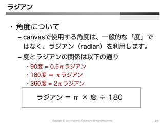 ラジアン = π × 度 ÷ 180
ラジアン
• 角度について
– canvasで使用する角度は、一般的な「度」で
はなく、ラジアン（radian）を利用します。
– 度とラジアンの関係は以下の通り
• 90度 = 0.5πラジアン
• 180度 ＝ πラジアン
• 360度 = 2πラジアン
Copyright Ⓒ 2015 Yoshihiro Takahashi All Rights Reserved. 21
 