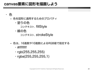 • 色
– 色を図形に適用するためのプロパティ
• 塗りの色
コンテキスト. fillStyle
• 線の色
コンテキスト. strokeStyle
– 色は、16進数や10進数によるRGB値で指定する
• #ffffff
• rgb(255,255,255)
• rgba(255,255,255,1)
canvas要素に図形を描画しよう
Copyright Ⓒ 2015 Yoshihiro Takahashi All Rights Reserved. 24
 