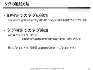 Copyright Ⓒ 2015 Yoshihiro Takahashi All Rights Reserved. 36
タグの追加方法
• ID指定でのタグの追加
document.getElementById(“id名”).appendChild(オブジェクト名);
• タグ指定でのタグ追加
var 親オブジェクト名 ＝
document.getElementByTagName (“親タグ名”);
親オブジェクト名[何番目].appendChild (オブジェクト名);
 