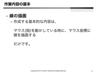 Copyright Ⓒ 2015 Yoshihiro Takahashi All Rights Reserved. 4
作業内容の基本
• 線の描画
– 作成する基本的な内容は、
マウス(指)を動かしている時に、マウス座標に
線を描画する
だけです。
 