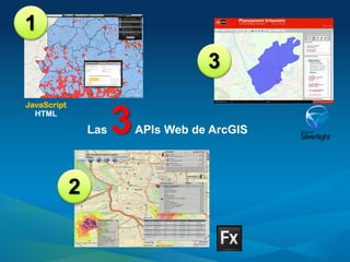 1
                                      3
JavaScript
  HTML

                 Las   3   APIs Web de ArcGIS




             2
 
