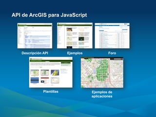 API de ArcGIS para JavaScript




   Descripción API          Ejemplos            Foro




               Plantillas              Ejemplos de
                                       aplicaciones
 