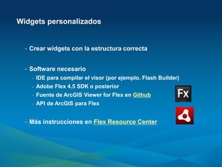 Widgets personalizados


  •   Crear widgets con la estructura correcta


  •   Software necesario
      -   IDE para compilar el visor (por ejemplo. Flash Builder)
      -   Adobe Flex 4.5 SDK o posterior
      -   Fuente de ArcGIS Viewer for Flex en Github
      -   API de ArcGIS para Flex


  •   Más instrucciones en Flex Resource Center
 