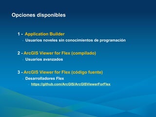 Opciones disponibles


  1 - Application Builder
    -   Usuarios noveles sin conocimientos de programación


  2 - ArcGIS Viewer for Flex (compilado)
    -   Usuarios avanzados


  3 - ArcGIS Viewer for Flex (código fuente)
    -   Desarrolladores Flex
         -   https://github.com/ArcGIS/ArcGISViewerForFlex
 