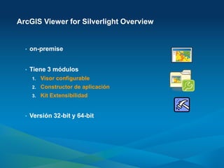 ArcGIS Viewer for Silverlight Overview


  •   on-premise


  •   Tiene 3 módulos
      1.   Visor configurable
      2.   Constructor de aplicación
      3.   Kit Extensibilidad


  •   Versión 32-bit y 64-bit
 