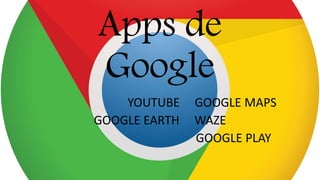 Apps de
Google
YOUTUBE GOOGLE MAPS
GOOGLE EARTH WAZE
GOOGLE PLAY
 