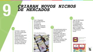 CRIARAM NOVOS NICHOS
DE MERCADOS
9
https://www.zapptales.com/en/?
gclid=CNTE64GKhtICFQ6eGwodoG0AaA
No Brasil, o WeChat
tem uma função extra
pela Tencent:
classificado para quem
procura parceiros
sexuais, podendo fazer
propostas de sexo
casual, trocas de fotos
de nudez e ofertas de
serviços dessa linha.
Com o Zapptales, 

já é possível imprimir 
um livro com
conversas do
WhatsApp, Facebook
Messenger, Instagram
ou Telegram.
Os caminhoneiros são os
principais pagantes de
grupos pagos no
WhatsApp, onde não é
possível ser rastreado e
nem visualizado por
pessoas que não
conhecem o serviço. Eles
falam sobre estradas e
rota da polícia.
Jogo de adivinhação
já é uma das
brincadeiras mais
compartilhadas no
WhatsApp e isso
gerou a criação de
apps nichados, como
o “Adivinha Up
Emoji”.
+18
 