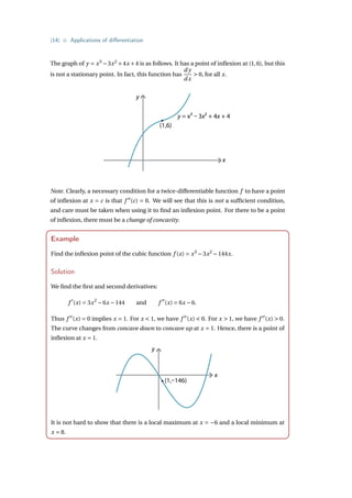 {14} • Applications of differentiation
The graph of y = x3
−3x2
+4x +4 is as follows. It has a point of inflexion at (1,6), but this
is not a stationary point. In fact, this function has
d y
dx
 0, for all x.
y
x
y = x3 – 3x2 + 4x + 4
(1,6)
Note. Clearly, a necessary condition for a twice-differentiable function f to have a point
of inflexion at x = c is that f 00
(c) = 0. We will see that this is not a sufficient condition,
and care must be taken when using it to find an inflexion point. For there to be a point
of inflexion, there must be a change of concavity.
Example
Find the inflexion point of the cubic function f (x) = x3
−3x2
−144x.
Solution
We find the first and second derivatives:
f 0
(x) = 3x2
−6x −144 and f 00
(x) = 6x −6.
Thus f 00
(x) = 0 implies x = 1. For x  1, we have f 00
(x)  0. For x  1, we have f 00
(x)  0.
The curve changes from concave down to concave up at x = 1. Hence, there is a point of
inflexion at x = 1.
y
x
(1,–146)
It is not hard to show that there is a local maximum at x = −6 and a local minimum at
x = 8.
 