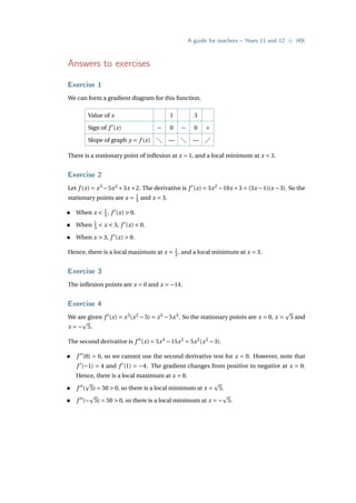 A guide for teachers – Years 11 and 12 • {49}
Answers to exercises
Exercise 1
We can form a gradient diagram for this function.
Value of x 1 3
Sign of f 0
(x) − 0 − 0 +
Slope of graph y = f (x)  —  — 
There is a stationary point of inflexion at x = 1, and a local minimum at x = 3.
Exercise 2
Let f (x) = x3
−5x2
+3x +2. The derivative is f 0
(x) = 3x2
−10x +3 = (3x −1)(x −3). So the
stationary points are x = 1
3 and x = 3.
• When x  1
3 , f 0
(x)  0.
• When 1
3  x  3, f 0
(x)  0.
• When x  3, f 0
(x)  0.
Hence, there is a local maximum at x = 1
3 , and a local minimum at x = 3.
Exercise 3
The inflexion points are x = 0 and x = −14.
Exercise 4
We are given f 0
(x) = x3
(x2
−5) = x5
−5x3
. So the stationary points are x = 0, x =
p
5 and
x = −
p
5.
The second derivative is f 00
(x) = 5x4
−15x2
= 5x2
(x2
−3).
• f 00
(0) = 0, so we cannot use the second derivative test for x = 0. However, note that
f 0
(−1) = 4 and f 0
(1) = −4. The gradient changes from positive to negative at x = 0.
Hence, there is a local maximum at x = 0.
• f 00
(
p
5) = 50  0, so there is a local minimum at x =
p
5.
• f 00
(−
p
5) = 50  0, so there is a local minimum at x = −
p
5.
 