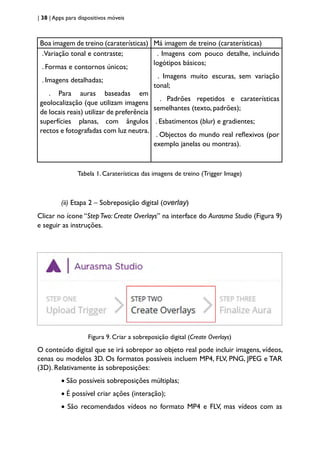 | 38 | Apps para dispositivos móveis
Boa imagem de treino (caraterísticas) Má imagem de treino (caraterísticas)
.Variação tonal e contraste;
. Formas e contornos únicos;
. Imagens detalhadas;
. Para auras baseadas em
geolocalização (que utilizam imagens
de locais reais) utilizar de preferência
superfícies planas, com ângulos
rectos e fotografadas com luz neutra.
. Imagens com pouco detalhe, incluindo
logótipos básicos;
. Imagens muito escuras, sem variação
tonal;
. Padrões repetidos e caraterísticas
semelhantes (texto, padrões);
. Esbatimentos (blur) e gradientes;
. Objectos do mundo real reflexivos (por
exemplo janelas ou montras).
Tabela 1. Caraterísticas das imagens de treino (Trigger Image)
(ii) Etapa 2 – Sobreposição digital (overlay)
Clicar no ícone “StepTwo: Create Overlays” na interface do Aurasma Studio (Figura 9)
e seguir as instruções.
Figura 9. Criar a sobreposição digital (Create Overlays)
O conteúdo digital que se irá sobrepor ao objeto real pode incluir imagens, vídeos,
cenas ou modelos 3D. Os formatos possíveis incluem MP4, FLV, PNG, JPEG e TAR
(3D). Relativamente às sobreposições:
• São possíveis sobreposições múltiplas;
• É possível criar ações (interação);
• São recomendados vídeos no formato MP4 e FLV, mas vídeos com as
 