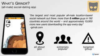 (all-male) social-dating app
WHAT’S GRINDR?
“the largest and most popular all-male location-based
social network out there...