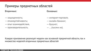 Примеры предметных областей
Вторичные:
― защищенность;
― отказоустойчивость;
― опыт взаимодействия,
― производительность.
Основные:
― интернет-торговля;
― онлайн-банкинг;
― бухучет;
― … (тысячи их).
Каждое приложение реализует модели как основной предметной области, так и
множество моделей вторичных предметных областей
 