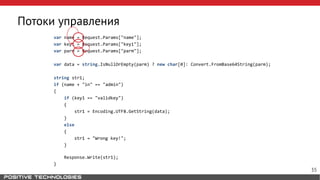 Потоки управления
var name = Request.Params["name"];
var key1 = Request.Params["key1"];
var parm = Request.Params["parm"];
var data = string.IsNullOrEmpty(parm) ? new char[0]: Convert.FromBase64String(parm);
string str1;
if (name + "in" == "admin")
{
if (key1 == "validkey")
{
str1 = Encoding.UTF8.GetString(data);
}
else
{
str1 = "Wrong key!";
}
Response.Write(str1);
}
35
 