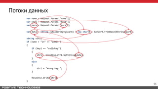 Потоки данных
var name = Request.Params["name"];
var key1 = Request.Params["key1"];
var parm = Request.Params["parm"];
var data = string.IsNullOrEmpty(parm) ? new char[0]: Convert.FromBase64String(parm);
string str1;
if (name + "in" == "admin")
{
if (key1 == "validkey")
{
str1 = Encoding.UTF8.GetString(data);
}
else
{
str1 = "Wrong key!";
}
Response.Write(str1);
}
55
 