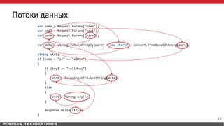 Потоки данных
var name = Request.Params["name"];
var key1 = Request.Params["key1"];
var parm = Request.Params["parm"];
var data = string.IsNullOrEmpty(parm) ? new char[0]: Convert.FromBase64String(parm);
string str1;
if (name + "in" == "admin")
{
if (key1 == "validkey")
{
str1 = Encoding.UTF8.GetString(data);
}
else
{
str1 = "Wrong key!";
}
Response.Write(str1);
}
57
 