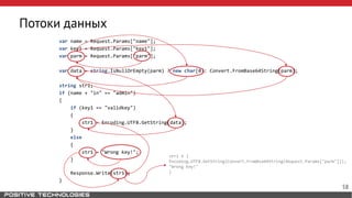 Потоки данных
var name = Request.Params["name"];
var key1 = Request.Params["key1"];
var parm = Request.Params["parm"];
var data = string.IsNullOrEmpty(parm) ? new char[0]: Convert.FromBase64String(parm);
string str1;
if (name + "in" == "admin")
{
if (key1 == "validkey")
{
str1 = Encoding.UTF8.GetString(data);
}
else
{
str1 = "Wrong key!";
}
Response.Write(str1);
}
58
str1 ∈ {
Encoding.UTF8.GetString(Convert.FromBse64String(Request.Params["parm"])),
"Wrong Key!"
}
 